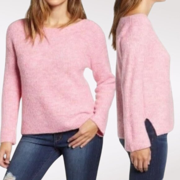 Leith Pink Ribbed Boatneck Sweater Fuzzy Soft Lightweight Knit XS - Picture 1 of 11